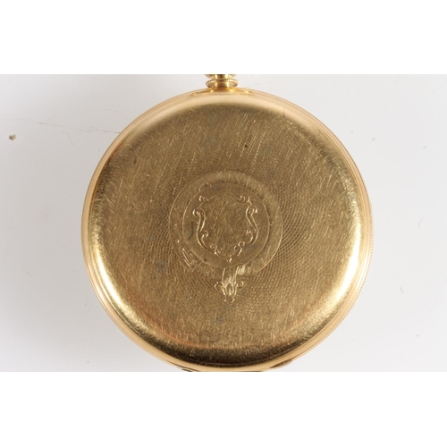 2 - 18ct gold cased open faced key wound pocket watch, the white enamel dial with Roman numeral chapter ... 