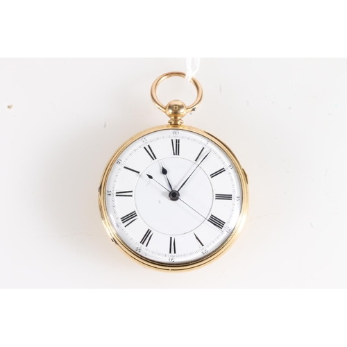 3 - 18ct gold cased open faced key wound pocket watch, the white enamel dial with Roman numeral chapter ... 