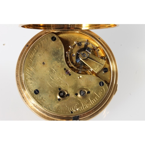 3 - 18ct gold cased open faced key wound pocket watch, the white enamel dial with Roman numeral chapter ... 