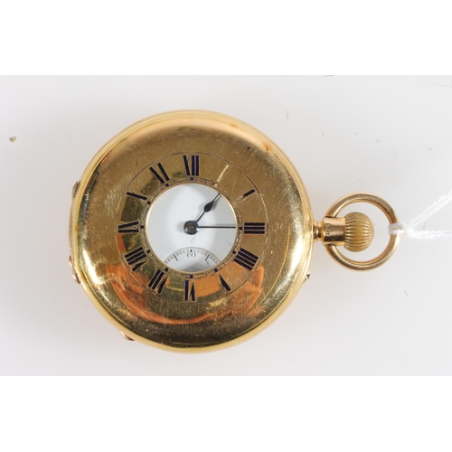 4 - 18ct gold cased half hunter keyless pocket watch, the white enamel dial with Roman numeral chapter r... 