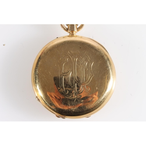 4 - 18ct gold cased half hunter keyless pocket watch, the white enamel dial with Roman numeral chapter r... 