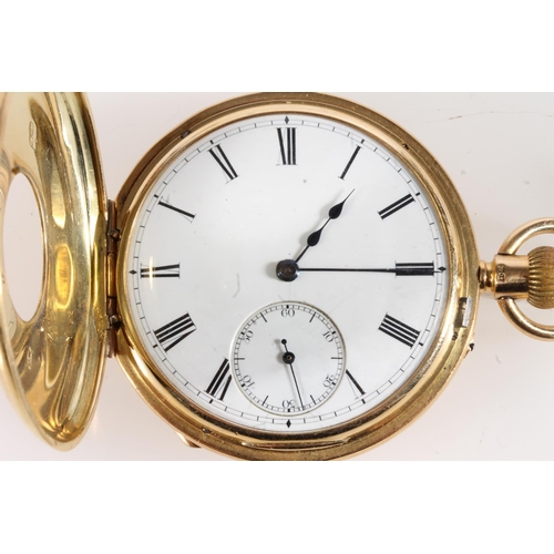 4 - 18ct gold cased half hunter keyless pocket watch, the white enamel dial with Roman numeral chapter r... 