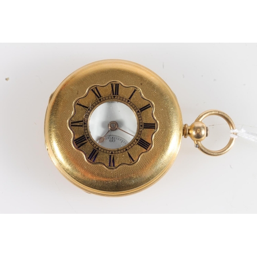 5 - 18ct gold cased half hunter key wound pocket watch, the case with engine turned decoration and blue ... 