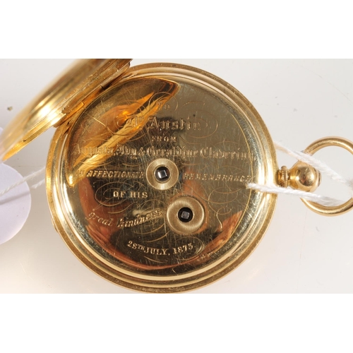 5 - 18ct gold cased half hunter key wound pocket watch, the case with engine turned decoration and blue ... 