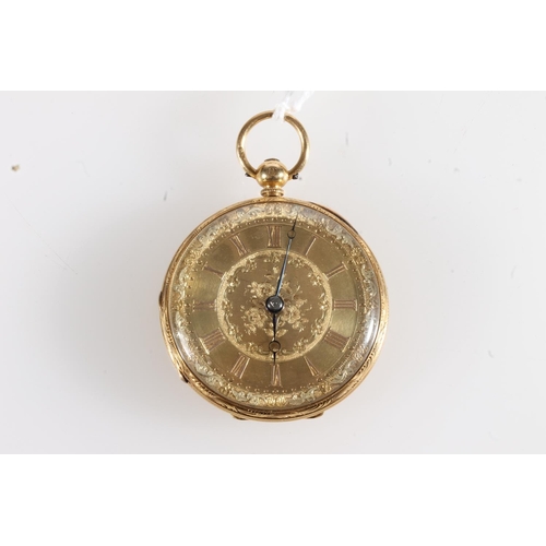 7 - 18ct gold cased open faced key wound pocket watch, the engraved gold dial with Roman numeral chapter... 