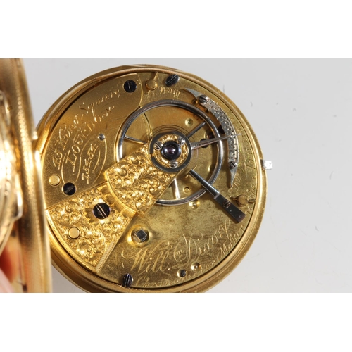 7 - 18ct gold cased open faced key wound pocket watch, the engraved gold dial with Roman numeral chapter... 