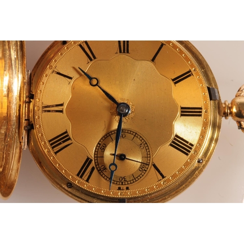 8 - 18ct gold cased hunter key wound pocket watch, the engraved gold dial with Roman numeral chapter rin... 