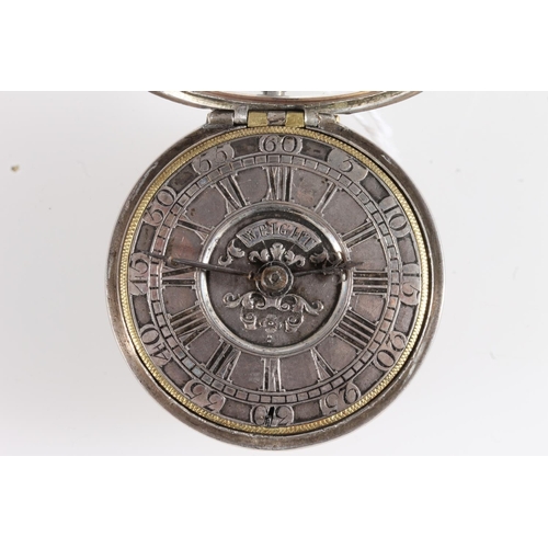 11 - Antique pair case pocket watch by A Wright of London, the silver dial with Roman numeral chapter rin... 