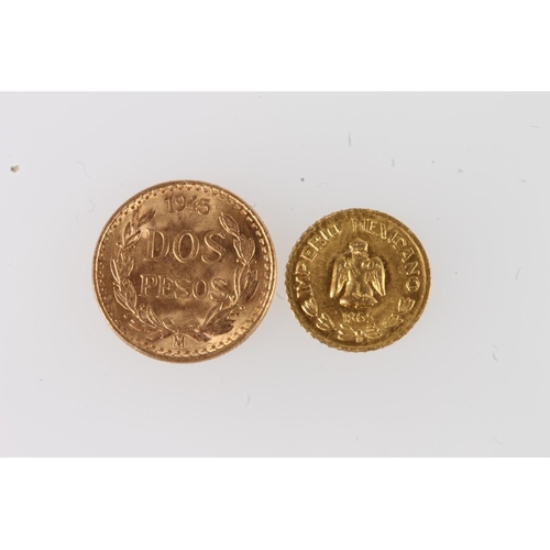 211 - MEXICO gold two pesos 1945 and MEXICO peso token 1949 bears the date 1865 and bust of Maximilian.