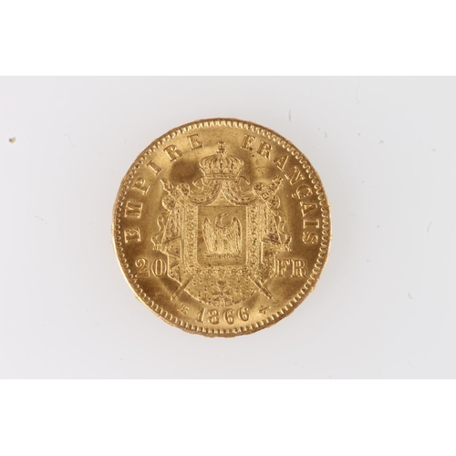 214 - FRANCE Emperor Napoleon III gold twenty francs 1866 BB, Strasbourg mint.