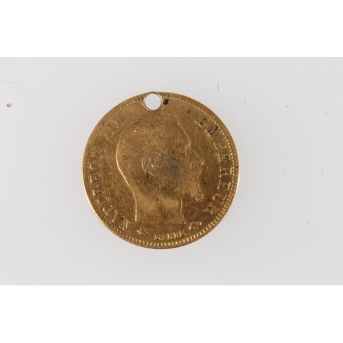 215 - FRANCE Emperor Napoleon III gold five francs 1859 holed.