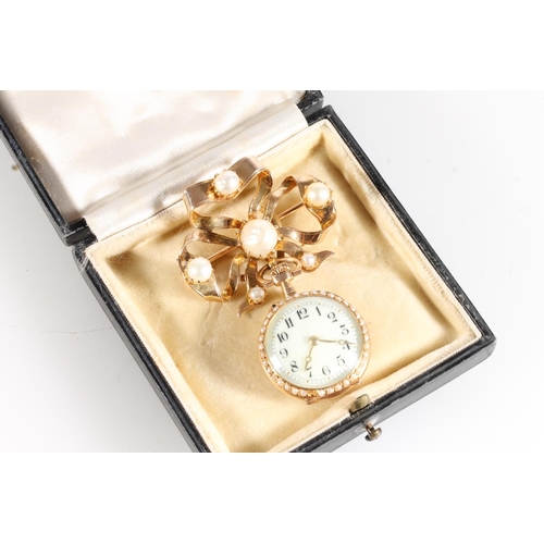 177 - French yellow metal, diamond and seed pearl nurse's watch by Le Coultre Et Cie, with matched unmarke... 