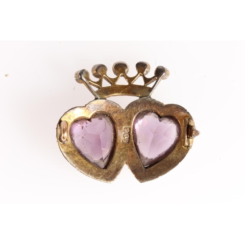 182 - 9ct gold amethyst and seed pearl brooch in the form of crowned double love hearts, stamped 9ct, 6.1g... 