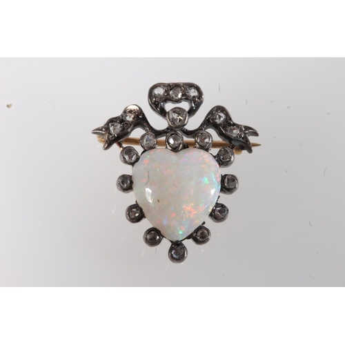 187 - Unmarked gold plated white metal opal and rose cut diamond brooch of heart and ribbon bow form, 3.2g... 