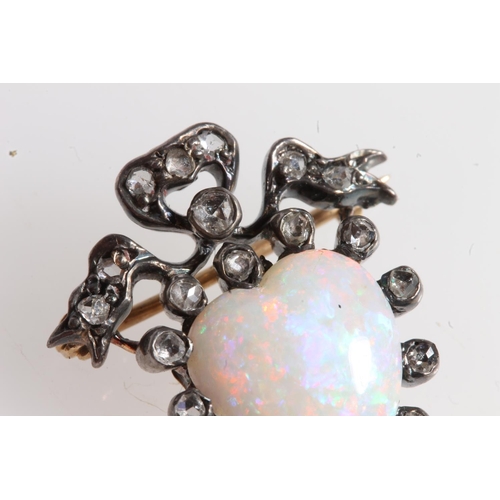 187 - Unmarked gold plated white metal opal and rose cut diamond brooch of heart and ribbon bow form, 3.2g... 