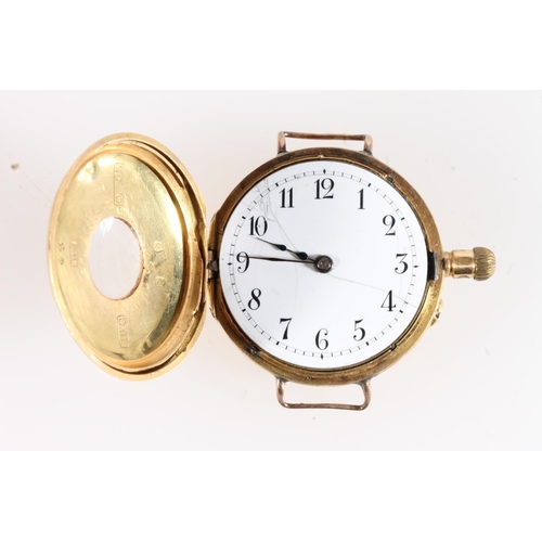 188 - 18ct gold cased half hunter fob watch converted into a wristwatch, 25.4g gross.