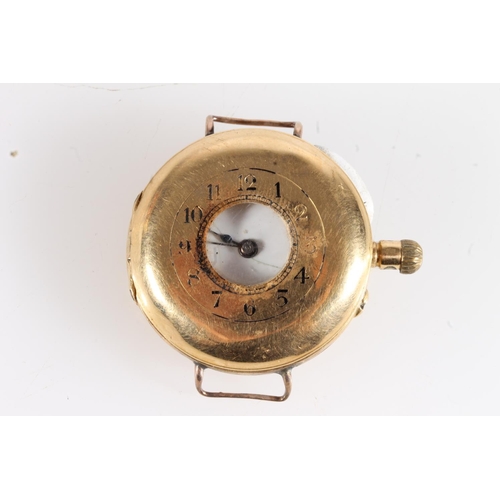 188 - 18ct gold cased half hunter fob watch converted into a wristwatch, 25.4g gross.