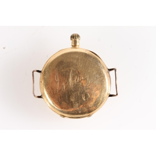 188 - 18ct gold cased half hunter fob watch converted into a wristwatch, 25.4g gross.