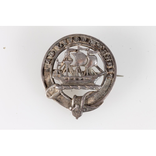 192 - Scottish silver clan badge brooch, possibly Jamieson, with motto 'Ad Litora Tendit', with triple mas... 