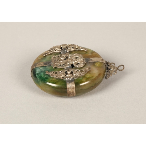 35 - Cloisonne trinket box and a green gem pendant with white metal detail