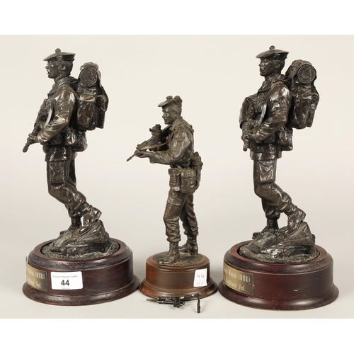 44 - Three bronzed figures of Scottish soldiers on wooden bases, including two The Black Watch (RHR) 1/51... 