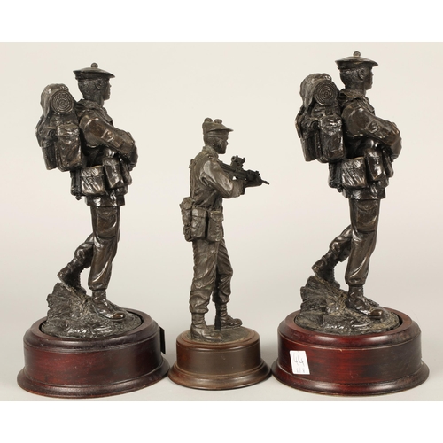 44 - Three bronzed figures of Scottish soldiers on wooden bases, including two The Black Watch (RHR) 1/51... 