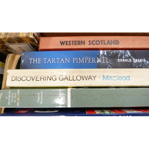 10 - Three cartons of books to include novels, Scottish, London and the Home Counties, also postcards etc... 