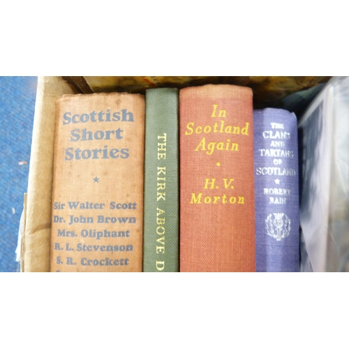 10 - Three cartons of books to include novels, Scottish, London and the Home Counties, also postcards etc... 