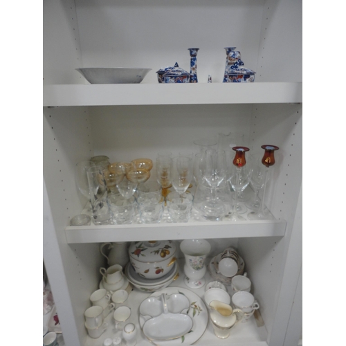 101 - Four shelves of sundry ceramics, glass and tea china to include part dressing set, Royal Worcester E... 