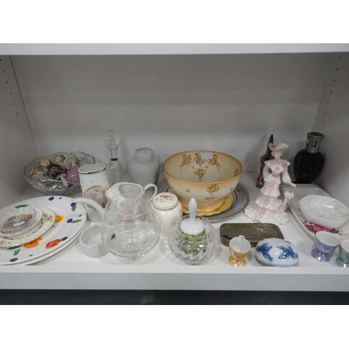 101 - Four shelves of sundry ceramics, glass and tea china to include part dressing set, Royal Worcester E... 