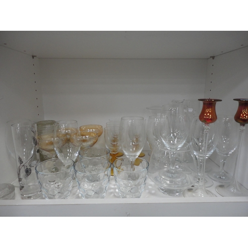 101 - Four shelves of sundry ceramics, glass and tea china to include part dressing set, Royal Worcester E... 