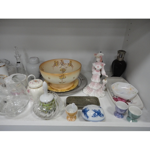 101 - Four shelves of sundry ceramics, glass and tea china to include part dressing set, Royal Worcester E... 