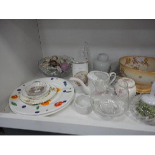 101 - Four shelves of sundry ceramics, glass and tea china to include part dressing set, Royal Worcester E... 