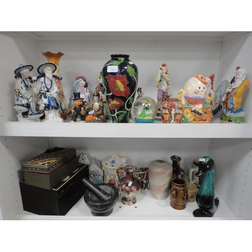 102 - Assorted figures to include oriental figures, vase, mortar and pestle, tankards, boxes etc (two shel... 