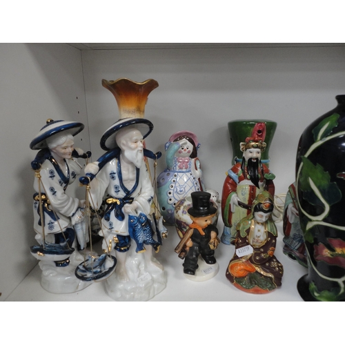 102 - Assorted figures to include oriental figures, vase, mortar and pestle, tankards, boxes etc (two shel... 