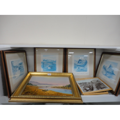 107 - Shelf lot of pictures to include picture by Donald Ayres, Amateur artist examples, watercolours and ... 