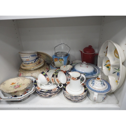 111 - Shelf lot of assorted ceramics to include Quimper quaich type bowls, tureen, biscuit barrel, part te... 