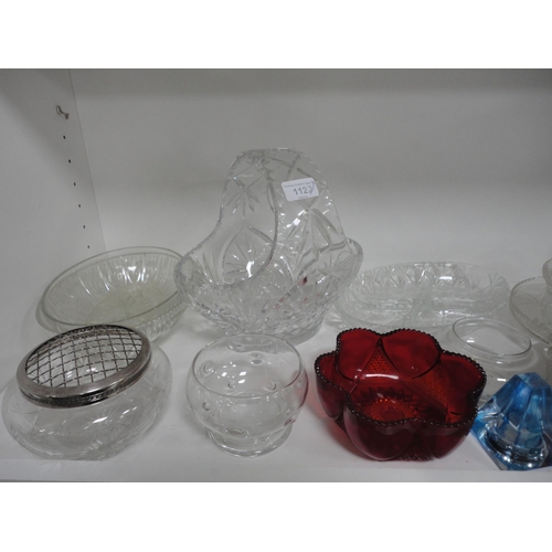 112 - Two shelves of assorted glass to include bowls, basket etc with Metamec mantel clock.