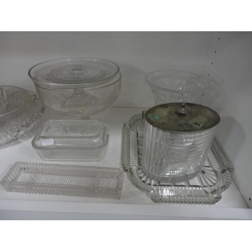 112 - Two shelves of assorted glass to include bowls, basket etc with Metamec mantel clock.