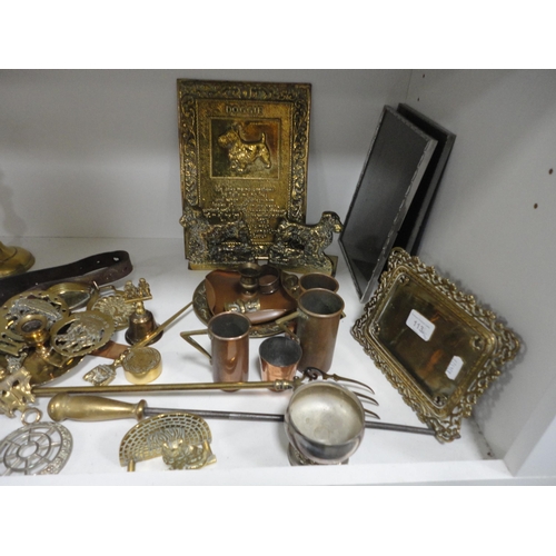 113 - Shelf lot of brass to include terrier bookends, candlesticks, ornaments, horse brasses etc.