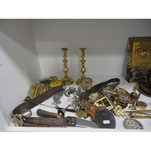 113 - Shelf lot of brass to include terrier bookends, candlesticks, ornaments, horse brasses etc.