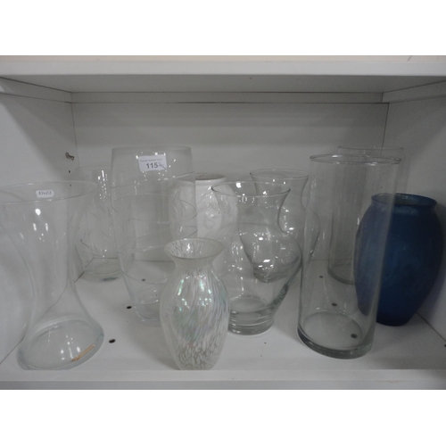 115 - Shelf lot of glass vases with a ceramic vase.