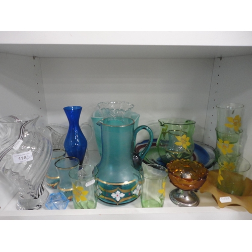 116 - Two shelves with art glass vase, water set, crystal jugs, art glass dish and miscellaneous china etc... 