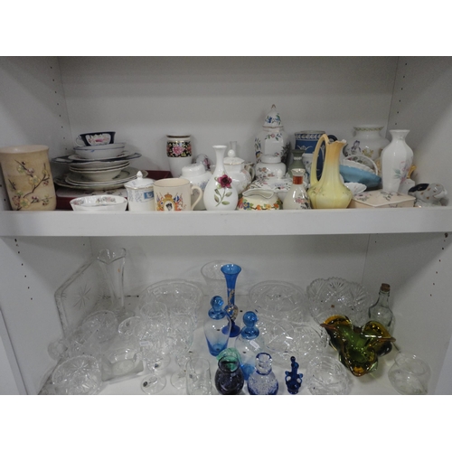 120 - Two shelves of ceramics and crystal to include Jasperware vase, crystal bowls and glasses, Art glass... 