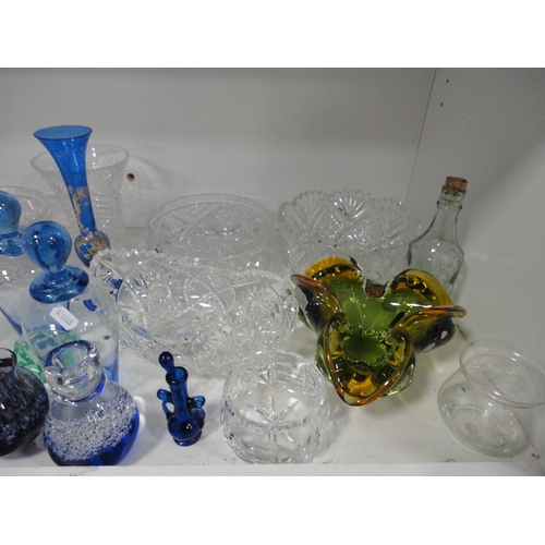 120 - Two shelves of ceramics and crystal to include Jasperware vase, crystal bowls and glasses, Art glass... 