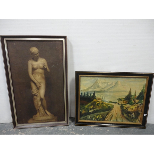 123 - Oil on board of a snowy scene with picture of a classical statue (2)