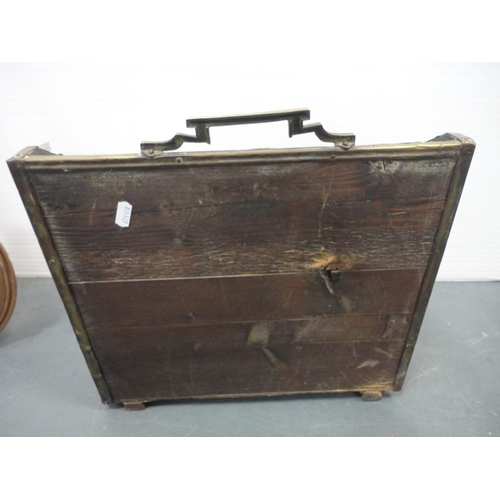 126 - Brass magazine rack with brass horn and copper bed warming pan.