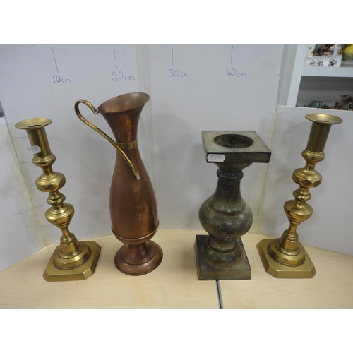 138 - Collection of brass and plated wares to include pair of candlesticks, samovar, coffee pot, flatware ... 