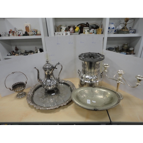 141 - Group of EP and plated wares to include tray, basket, candelabra etc.