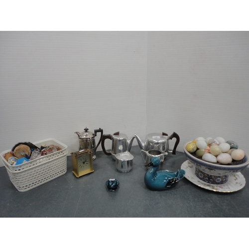 145 - Collection of sundries to include picquot tea set, carriage clock, water pot, mineral eggs and ornam... 